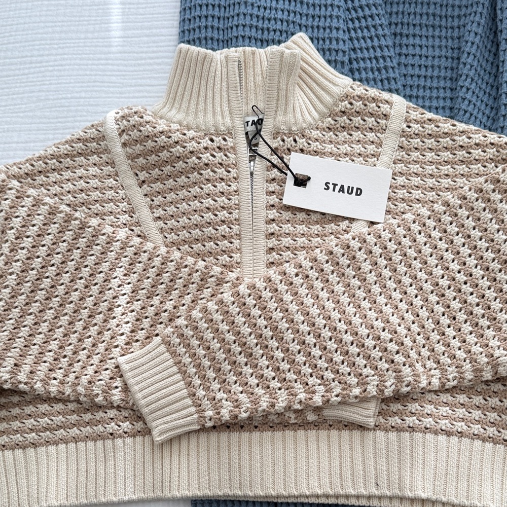 STAUD NWT Beige & Cream Half-Zip Sweater